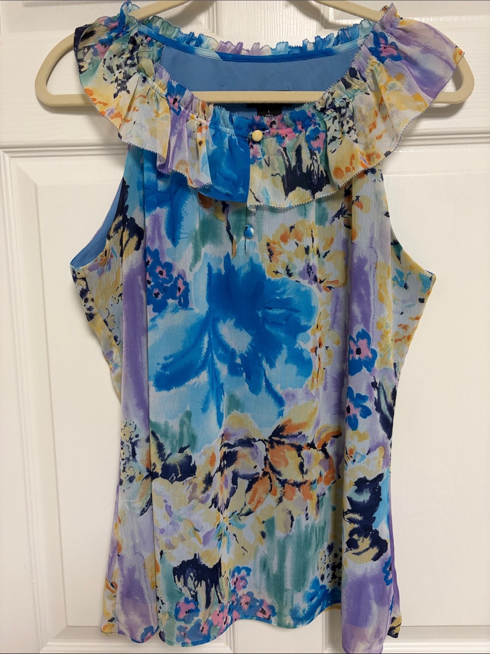 Spense Blue Floral Ruffle Neck Tank Top